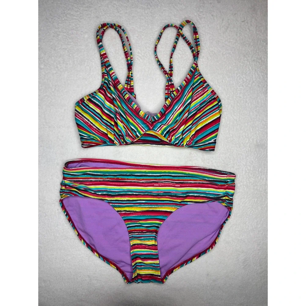 Athleta Striped Bikini Set 32 D/DD Top L Bottom Multi Color Swimwear